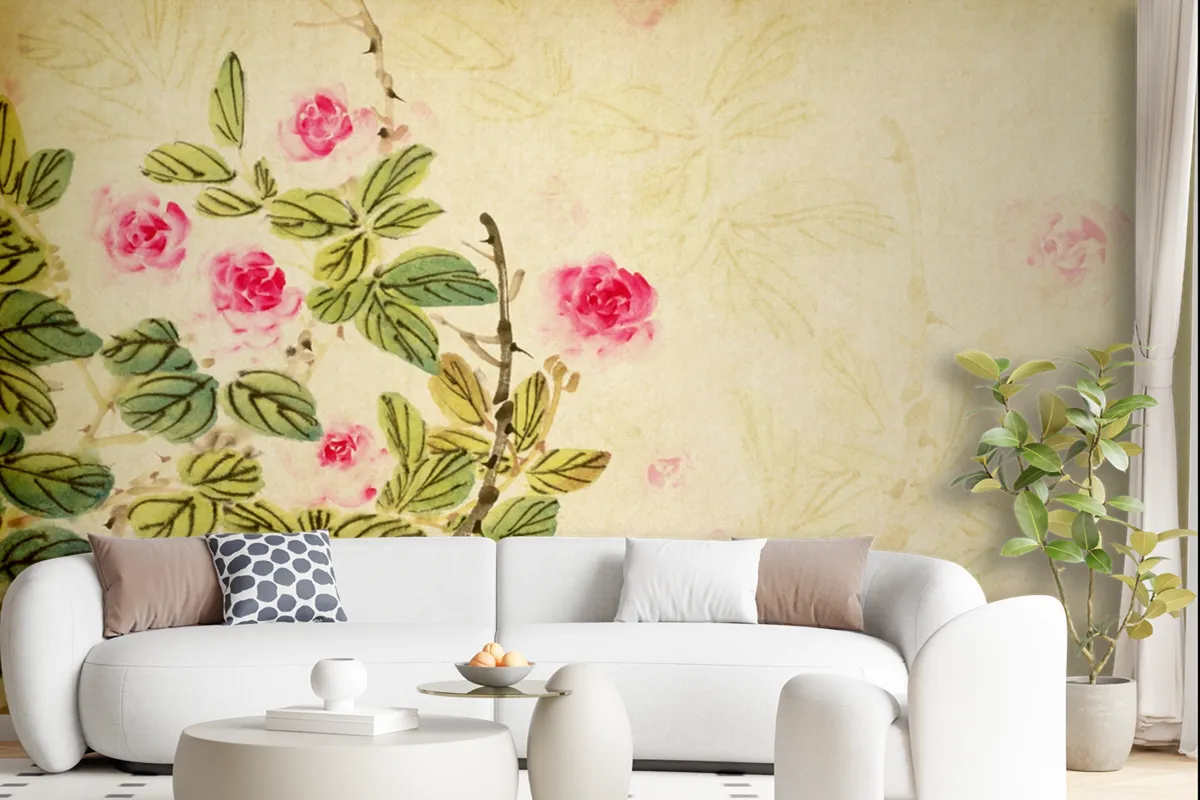 Chinese Traditional Painting Of Rose Flower On Old Paper Wallpaper Mural