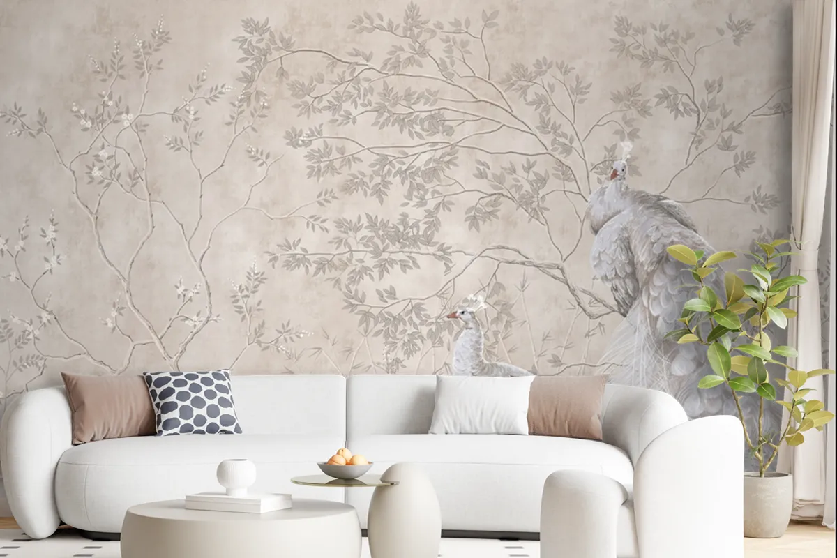 Peacocks And Trees Design For Interior Project Wallpaper Mural