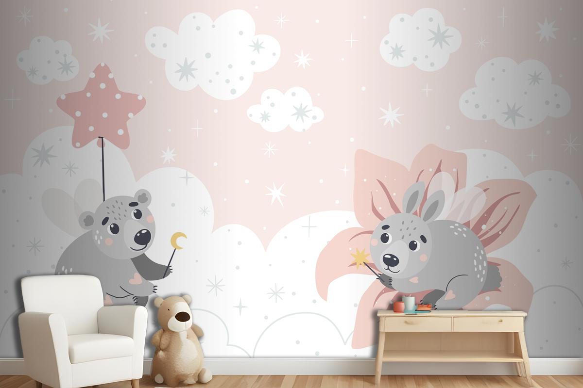 Cute Fairytale Animals On The Clouds Suitable For Printing Wallpaper Mural