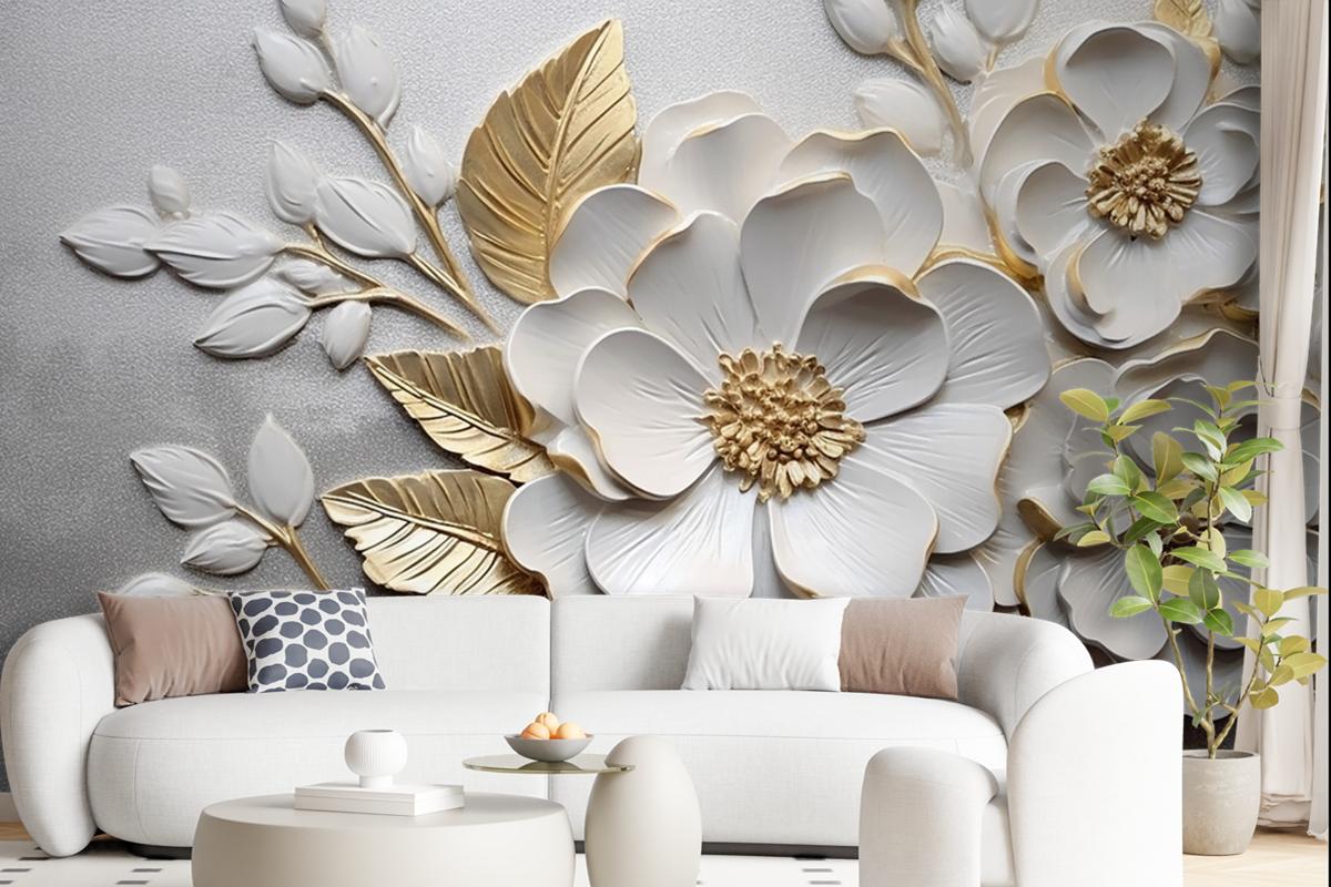 Abstract Artistic Flowers Branches Gold And Canvas Painting Wallpaper Mural