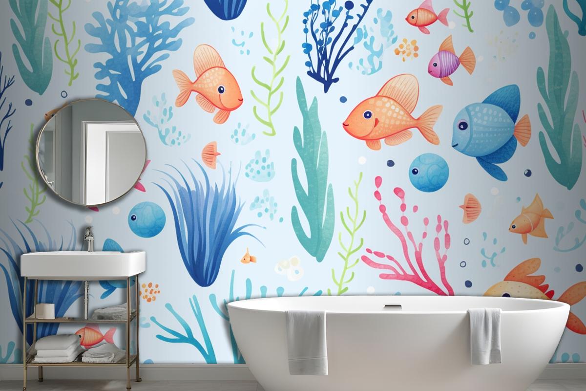 A Colorful Underwater Scene With Fish And Corals Wallpaper Mural