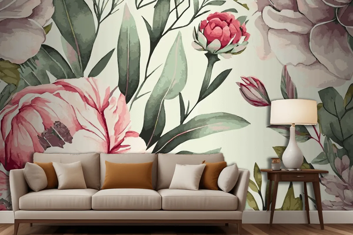 Abstract Floral Art Background Template Botanical Watercolor Hand Drawn Flowers Wallpaper Mural