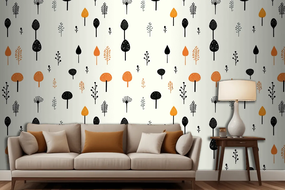 Black Mushroom And Leaf Pattern On A White Living Room Wallpaper Mural