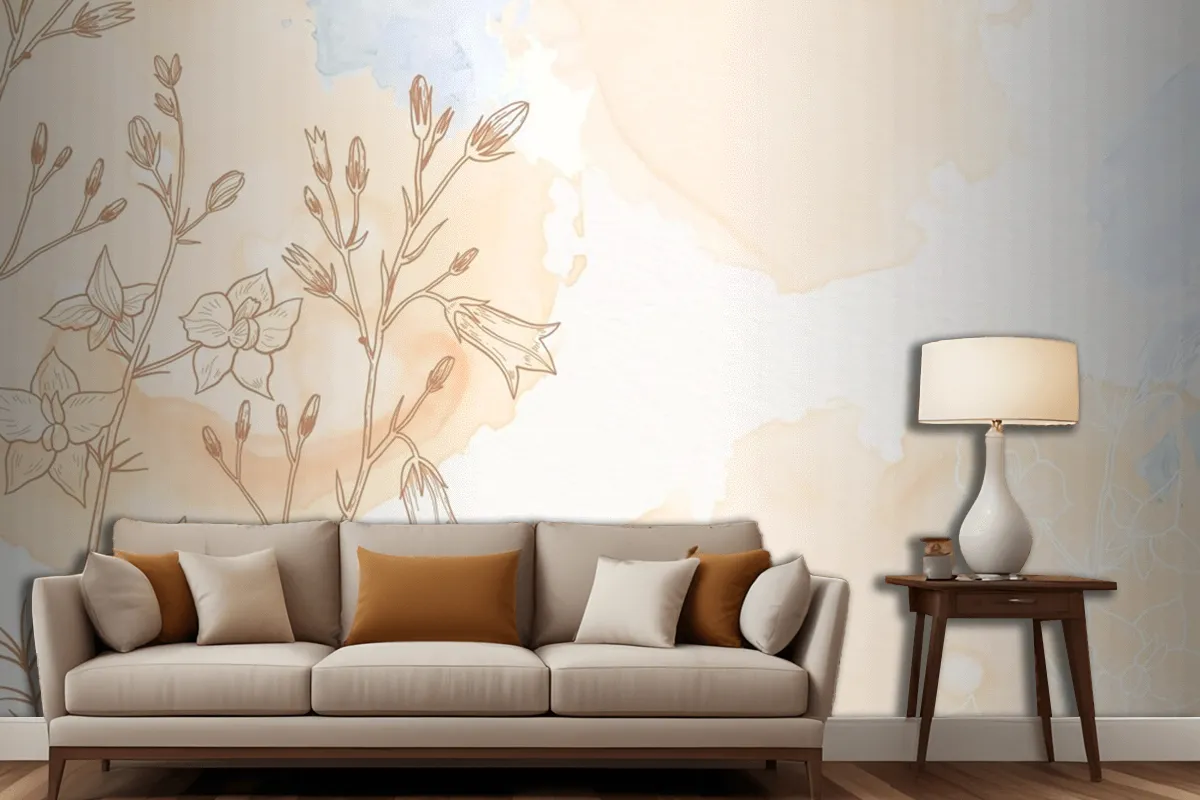 Cream Powder Pastel With Hand Drawn Flowers Living Room Wallpaper Mural