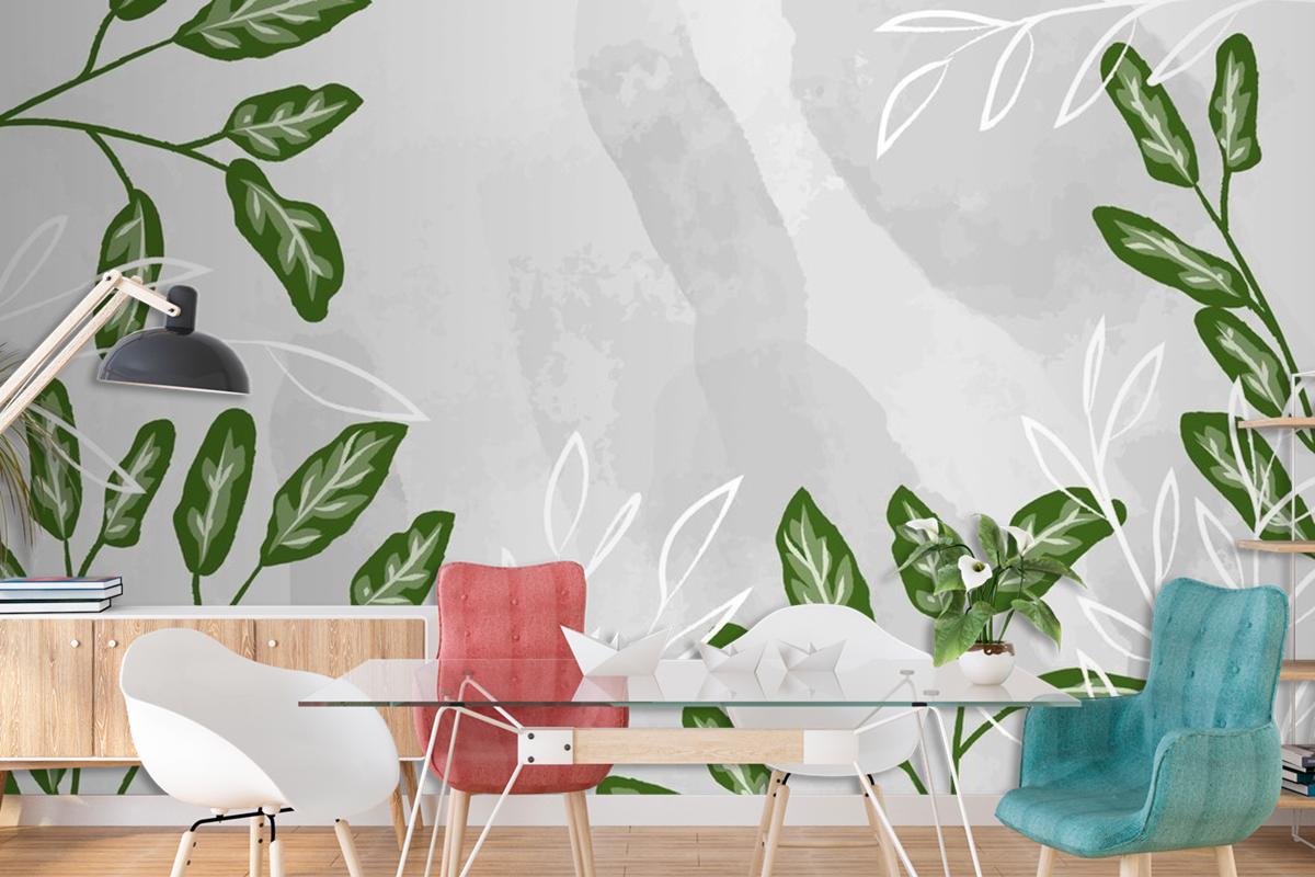 Detailed Leaves With Watercolor Living Room Wallpaper Mural