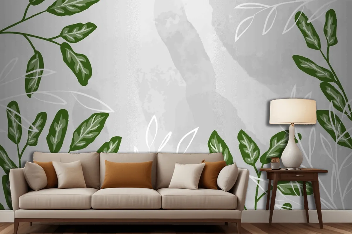 Detailed Leaves With Watercolor Living Room Wallpaper Mural