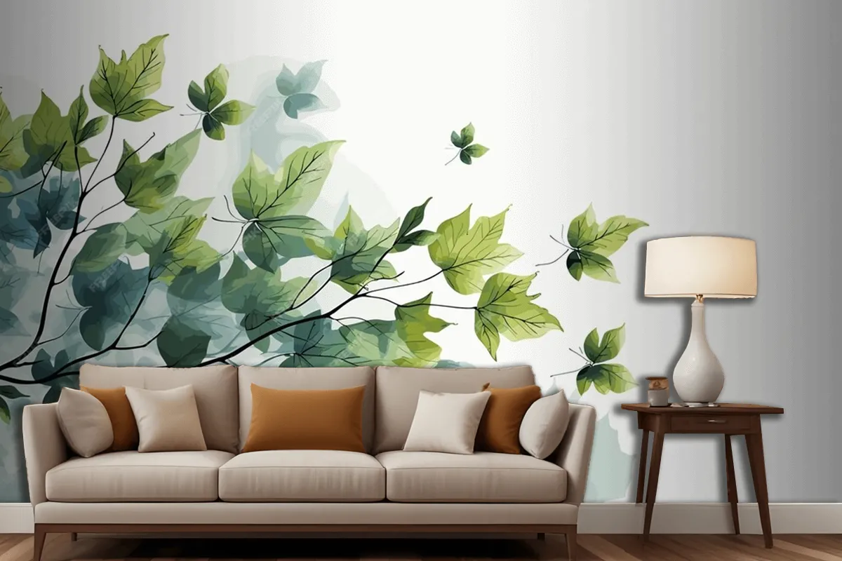 Fresh Baby Spinach Leaves On White Marble Living Room Wallpaper Mural