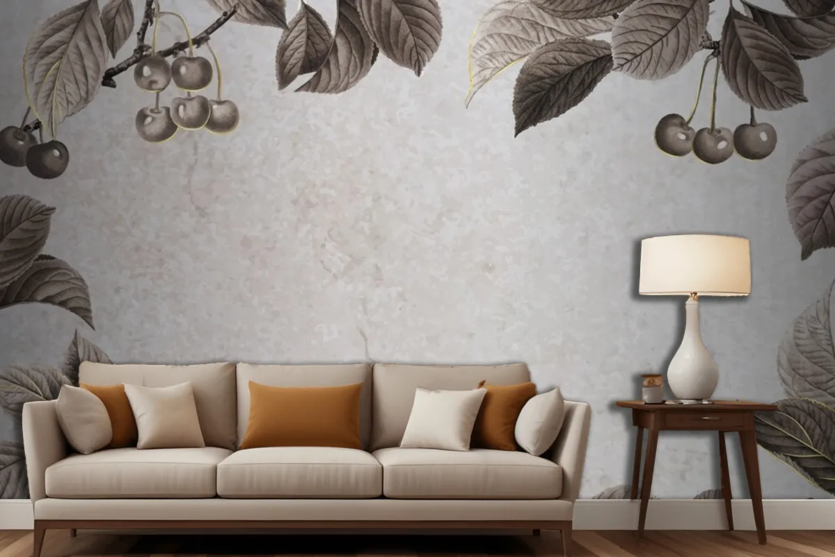 Hand Drawn Cherry Patterned Frame Living Room Wallpaper Mural