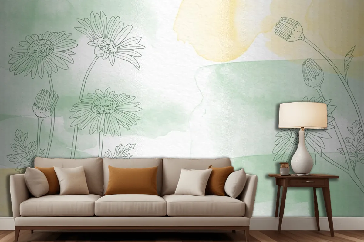 Hand Painted Background With Drawn Flowers Living Room Wallpaper Mural