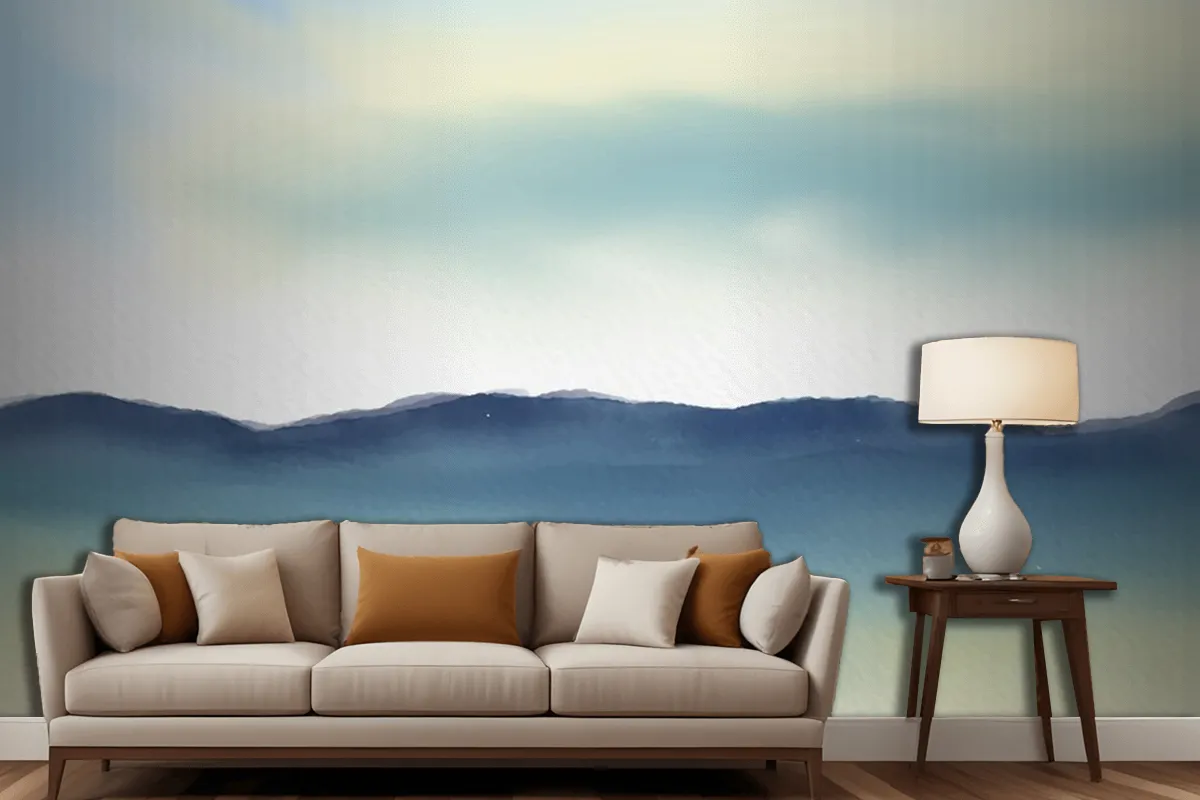 Hand Painted Minimal Watercolour Landscape Living Room Wallpaper Mural