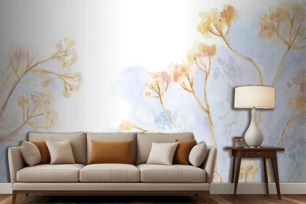 Hand Painted Watercolor Nature Living Room Wallpaper Mural