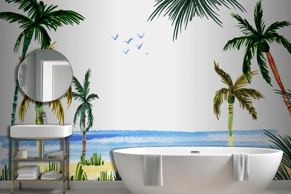 Hand Painted Watercolor Summer Bathroom Wallpaper Mural