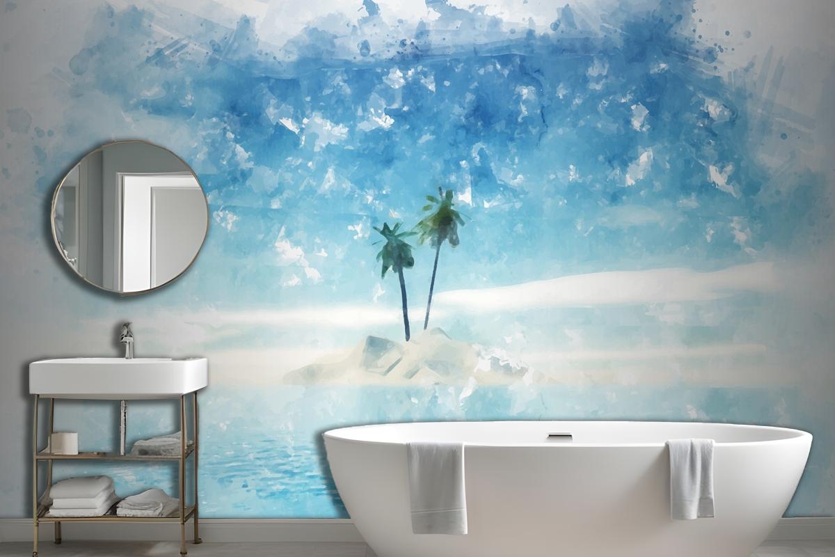 Hand Painted Watercolour Summer Palm Tree Island Wallpaper Mural