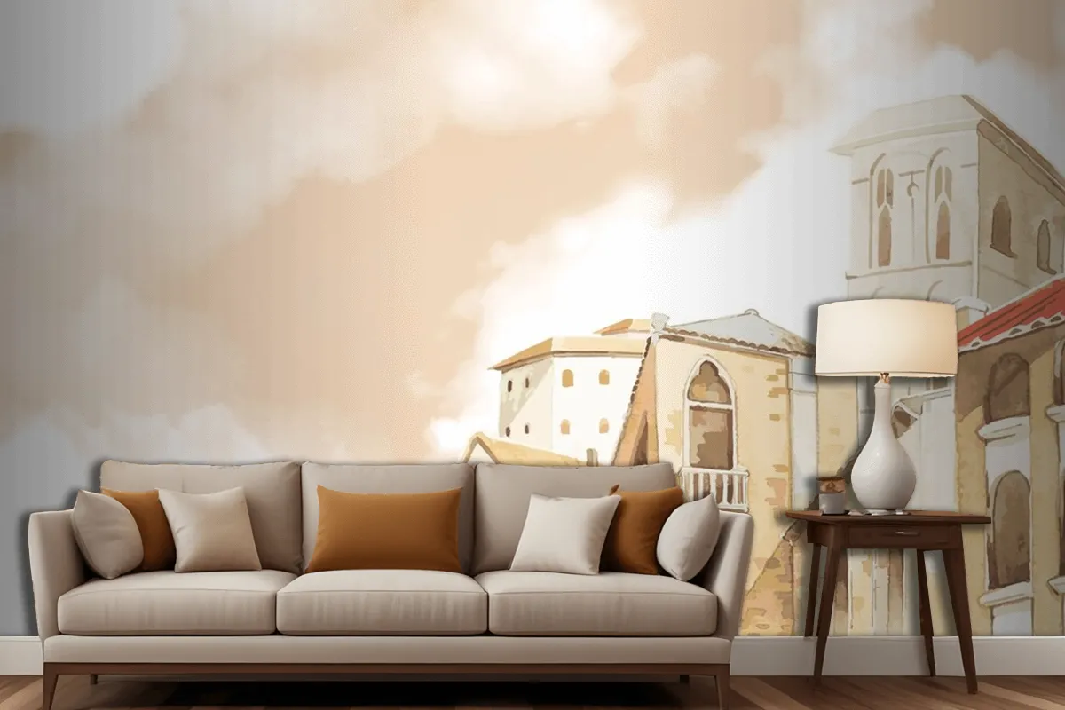 Mediterranean City Building Exterior Water Color Style Living Room Wallpaper Mural