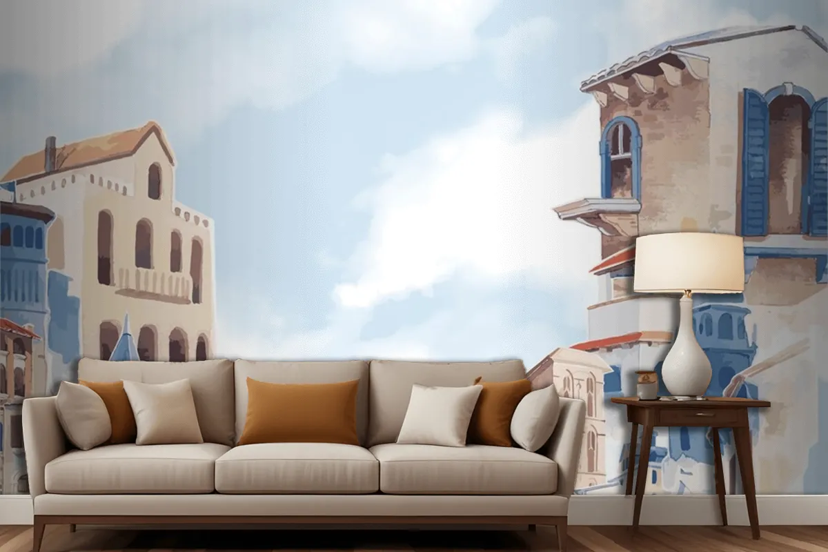 Mediterranean City Building Exterior Water Color Style Wallpaper Mural