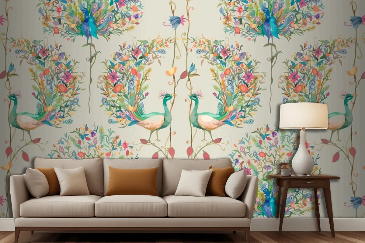 Pattern Background With Watercolor Peacock And Flower Living Room Wallpaper Mural