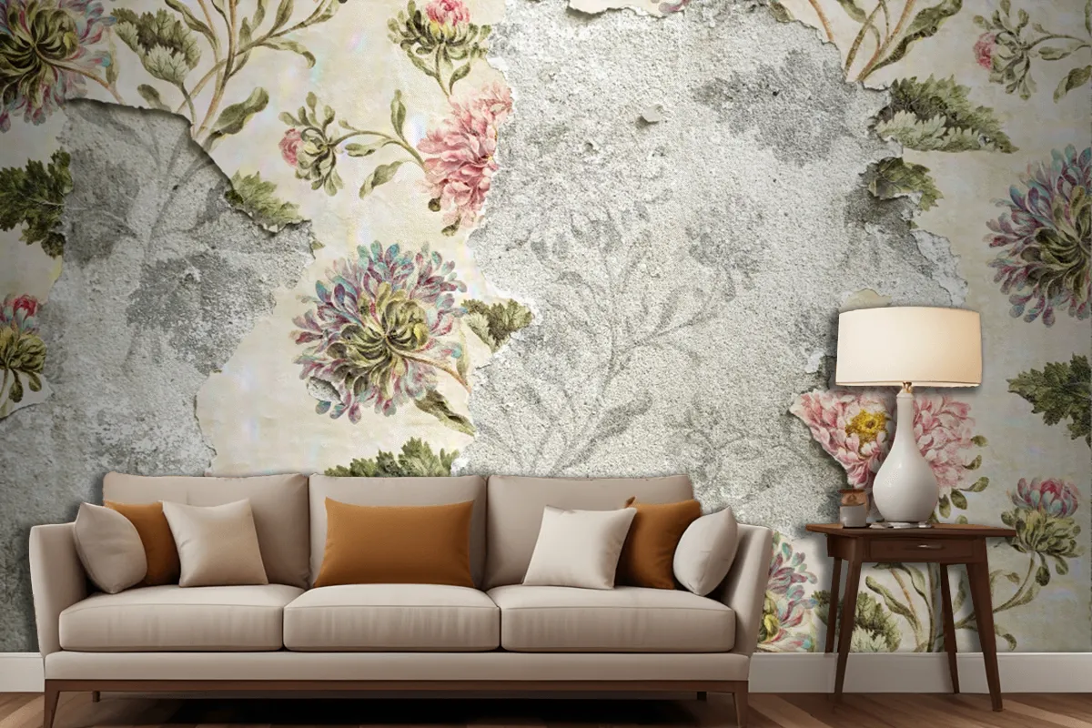 Peeling Floral Wallpaper On Concrete Wallpaper Mural