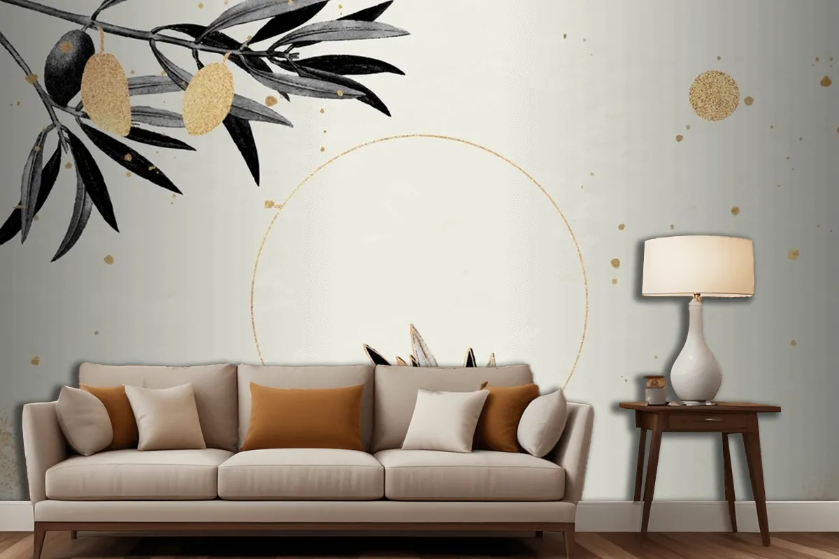 Round Gold Frame With Olive Branches Living Room Wallpaper Mural