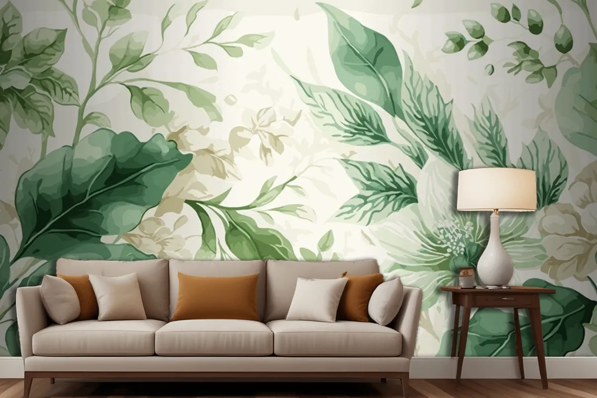 Seamless Watercolor Green And Beige Floral Pattern Living Room Wallpaper Mural