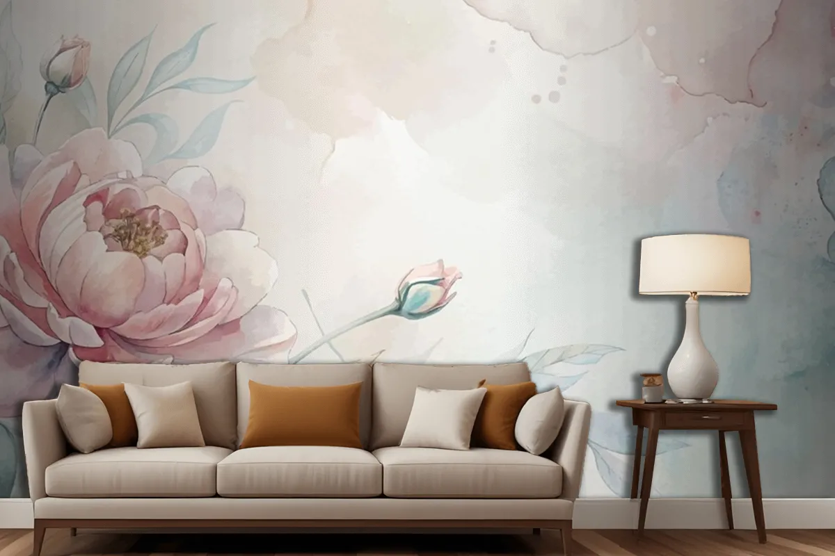 Soft Pastel Floral Watercolor Living Room Wallpaper Mural