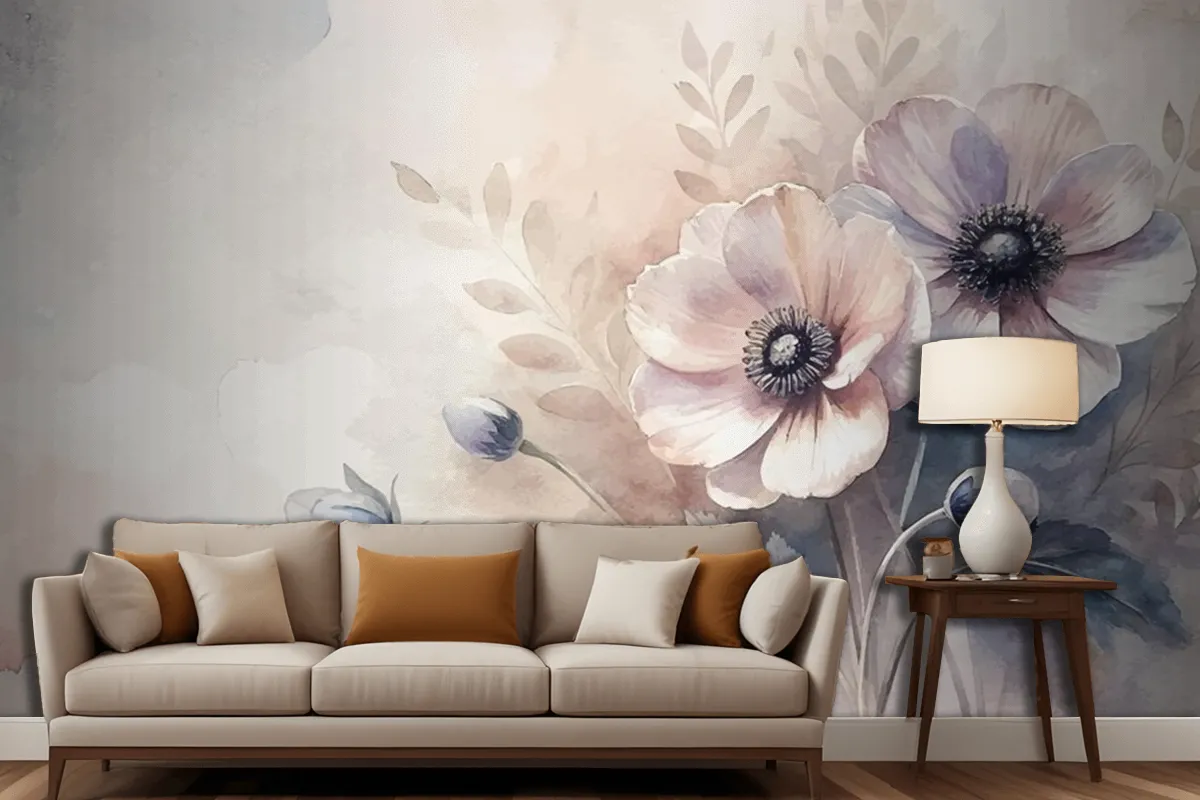 Vintage Anemones Flower Watercolor Background Living Room Wallpaper Mural