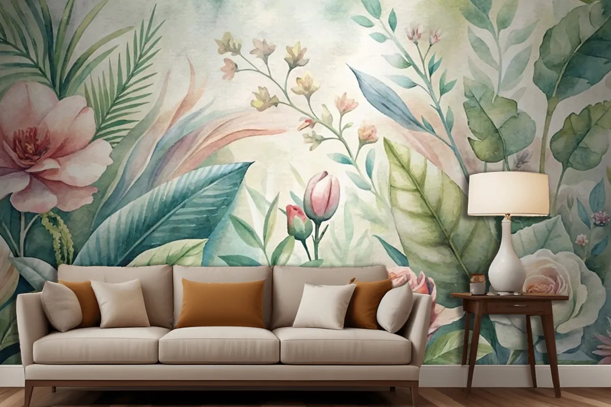 Watercolor Backgrounds Of Various Botanicals And Flowers Living Room Wallpaper Mural