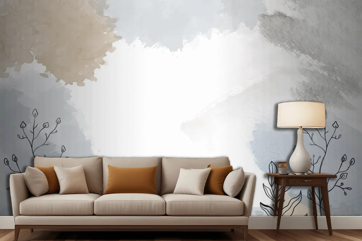 Watercolor Hand Drawn Background With Plants Living Room Wallpaper Mural