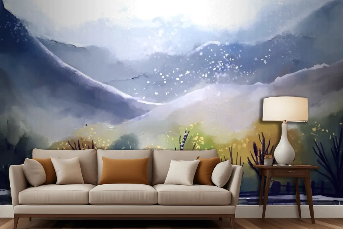 Watercolor Mountain Landscape Living Room Wallpaper Mural