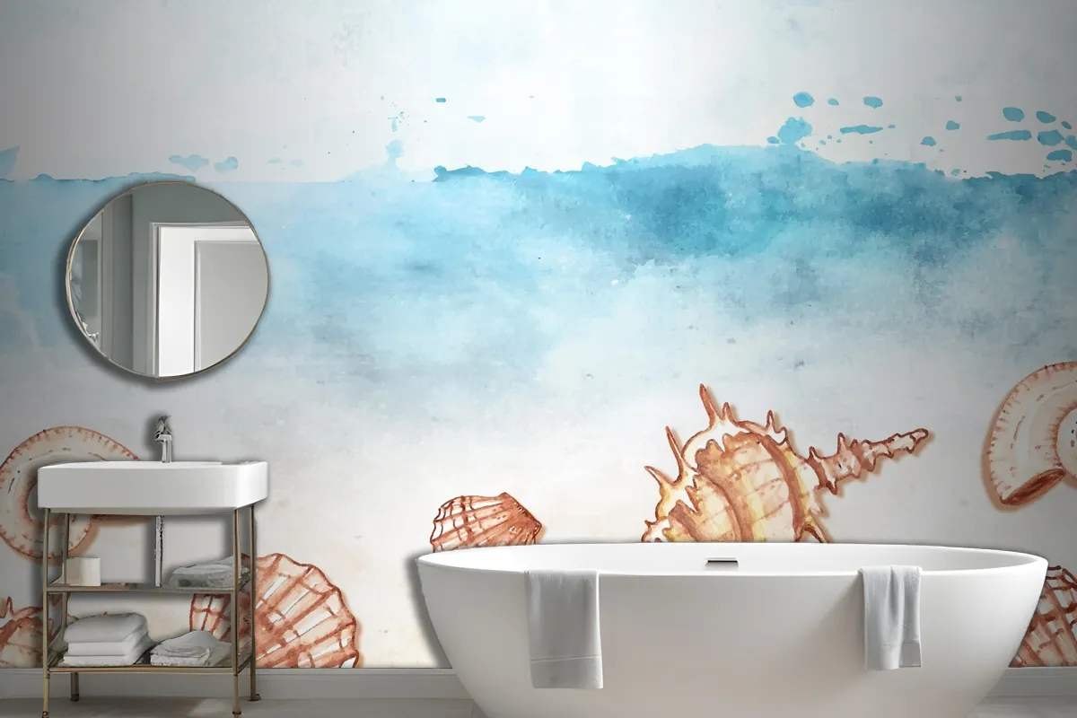 Watercolor Summer Background With Shells Wallpaper Mural