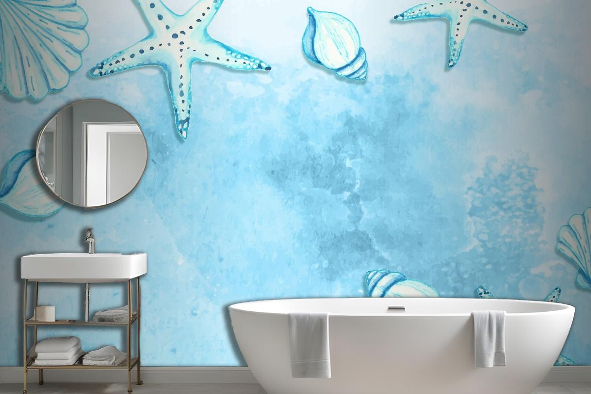 Watercolor Summer Background With Starfish And Shells Wallpaper Mural