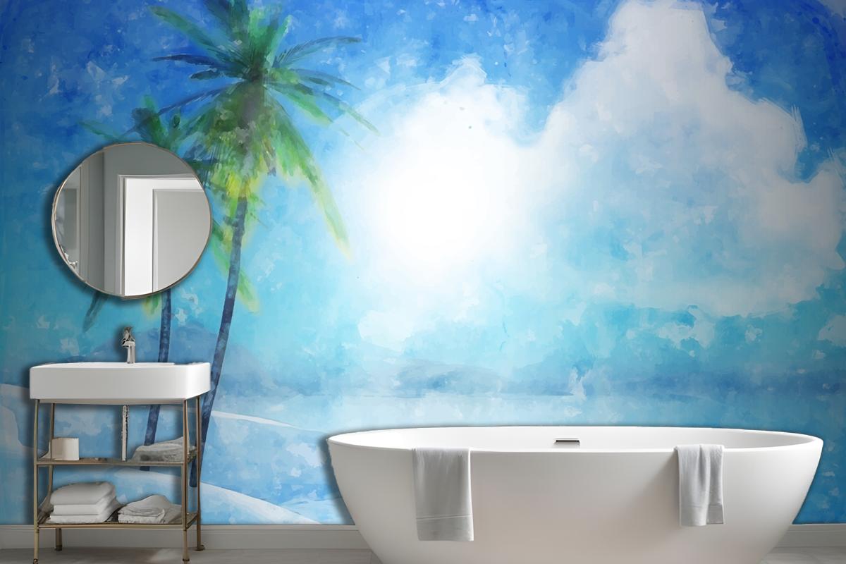 Watercolor Summer Tropical Bathroom Wallpaper Mural