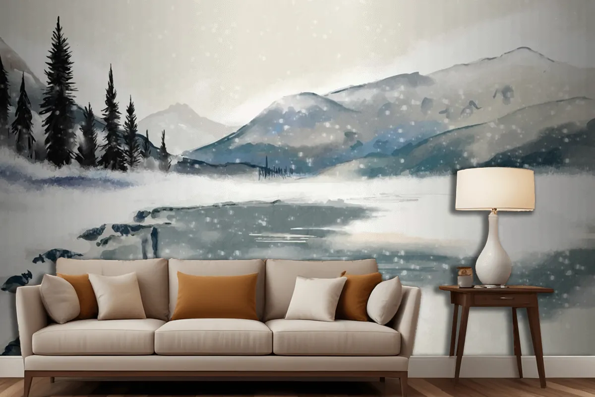 Watercolor Winter Landscape Living Room Wallpaper Mural