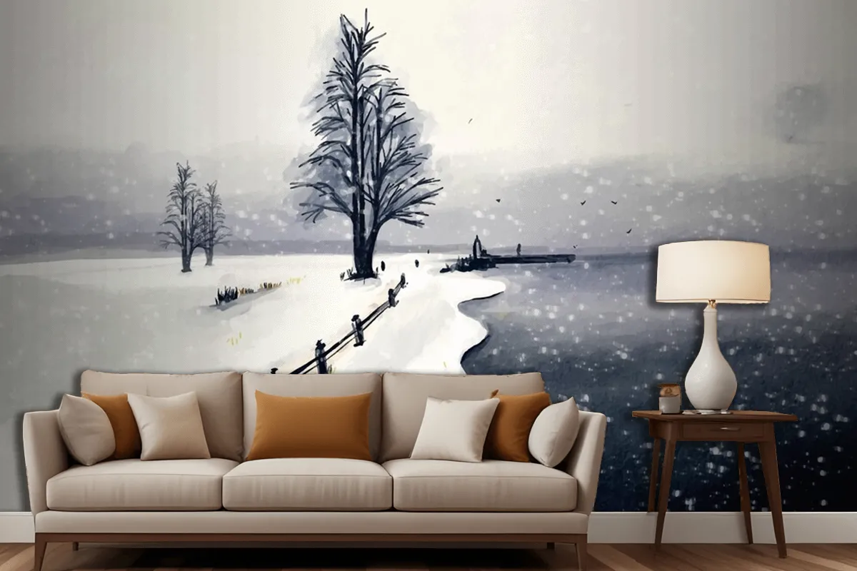 Watercolor Winter Landscape Wallpaper Mural