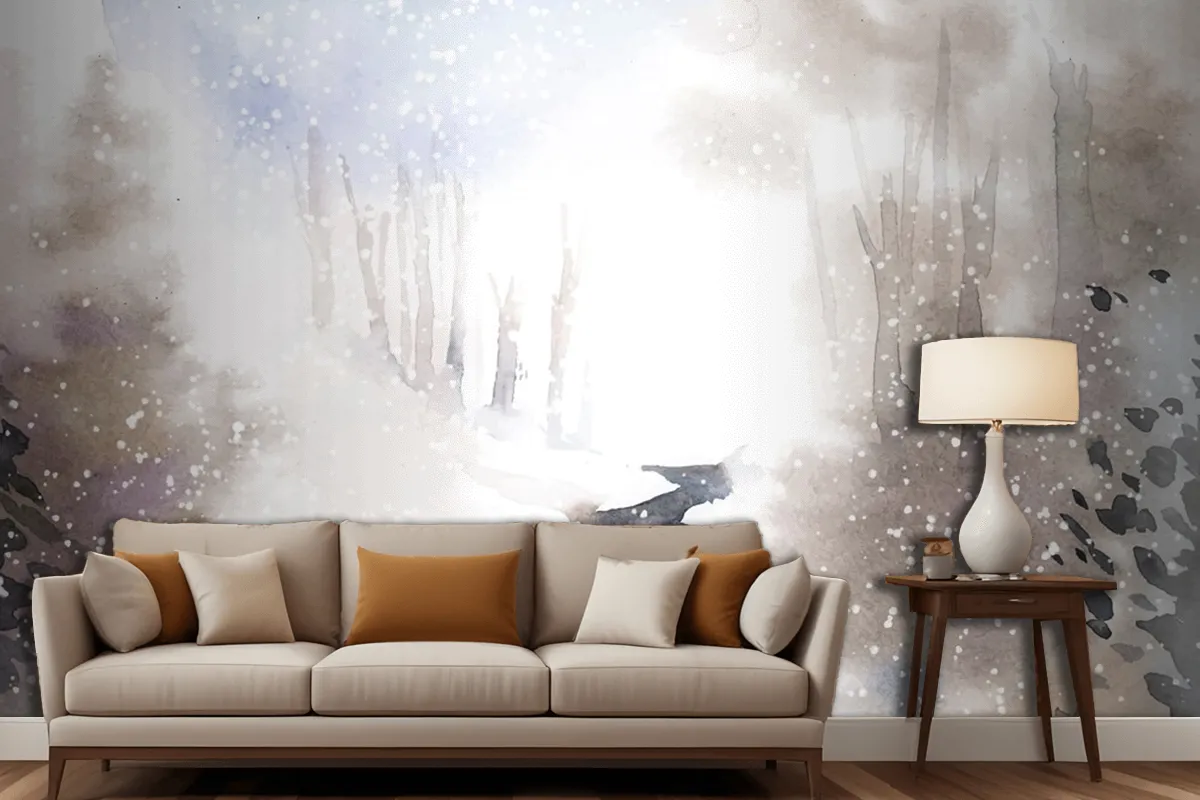 Winter Wonderland Landscape Painted By Watercolor Living Room Wallpaper Mural