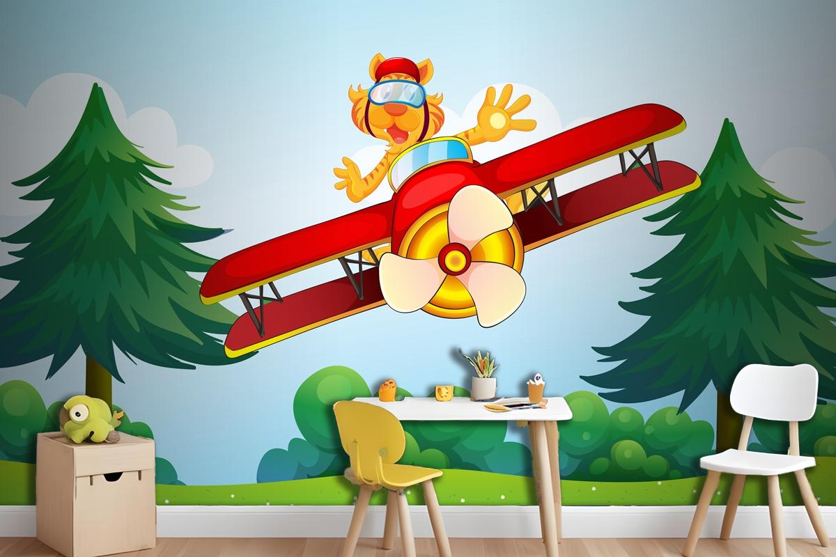 A Boastful Tiger Riding In A Plane Wallpaper Mural