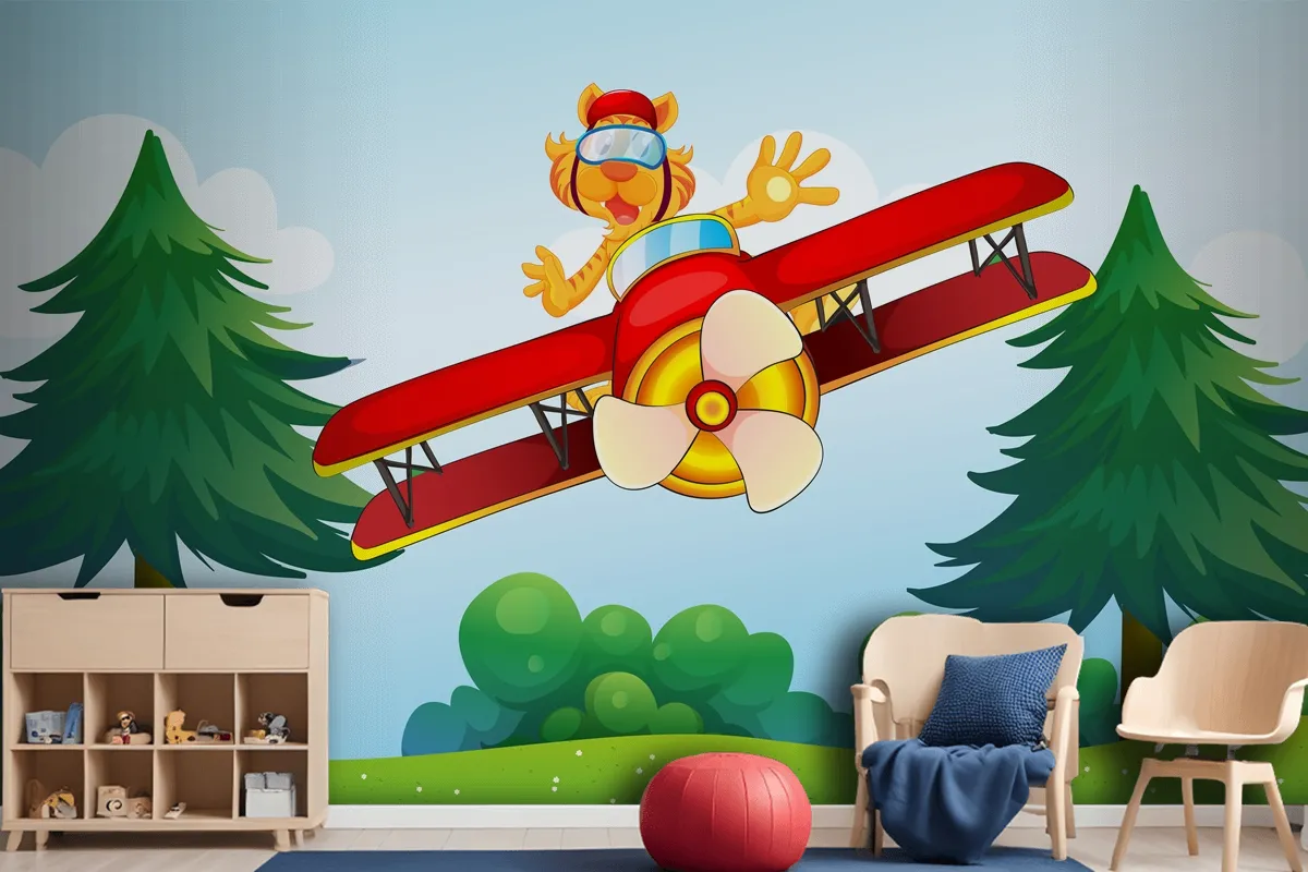 A Boastful Tiger Riding In A Plane Wallpaper Mural