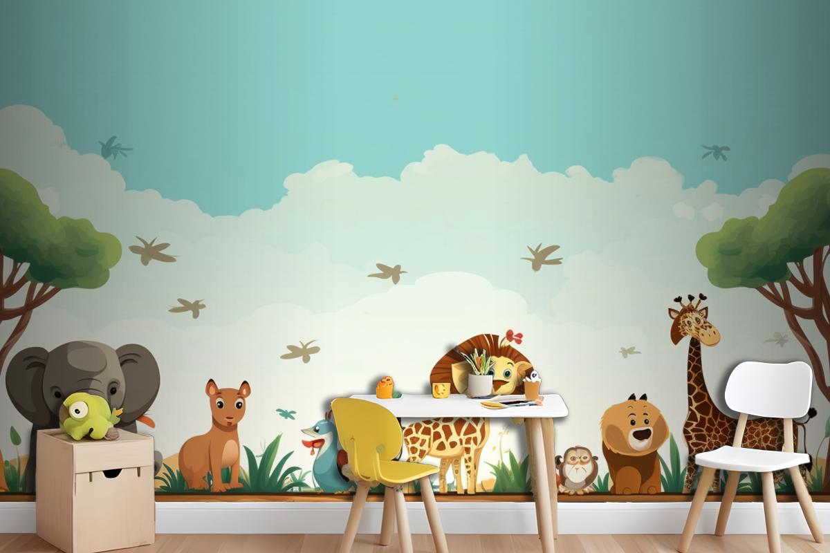 A Cartoon Of Giraffes And Giraffes In A Field With Animals Wallpaper Mural