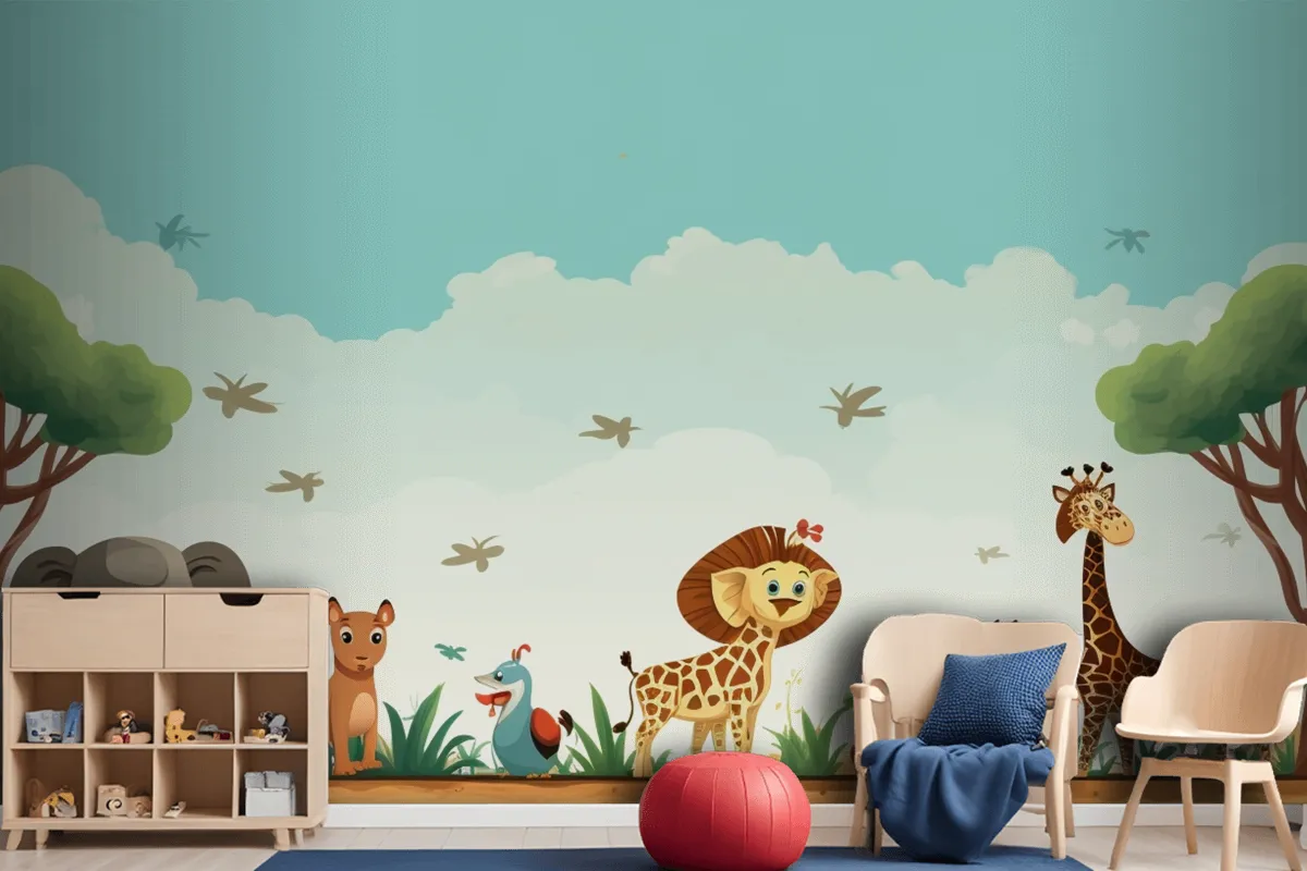 A Cartoon Of Giraffes And Giraffes In A Field With Animals Wallpaper Mural