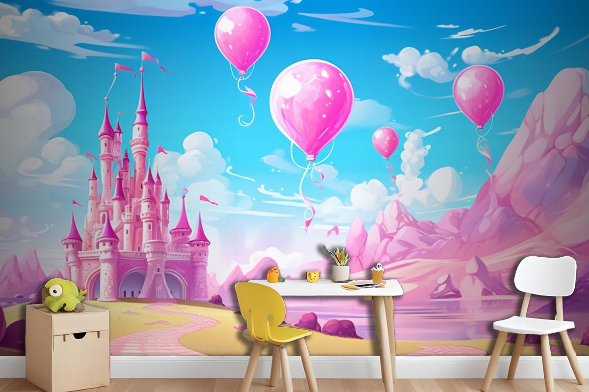 A Castle With Balloons And A Castle In The Background Wallpaper Mural