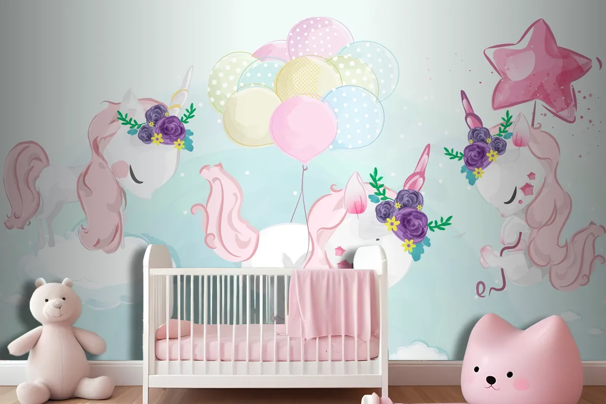 A Cute Little Unicorn In Colorful Watercolor Style Wallpaper Mural