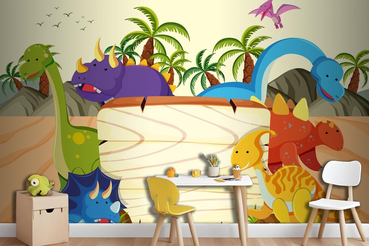 A Dinosaur Wooden Board Template Wallpaper Mural