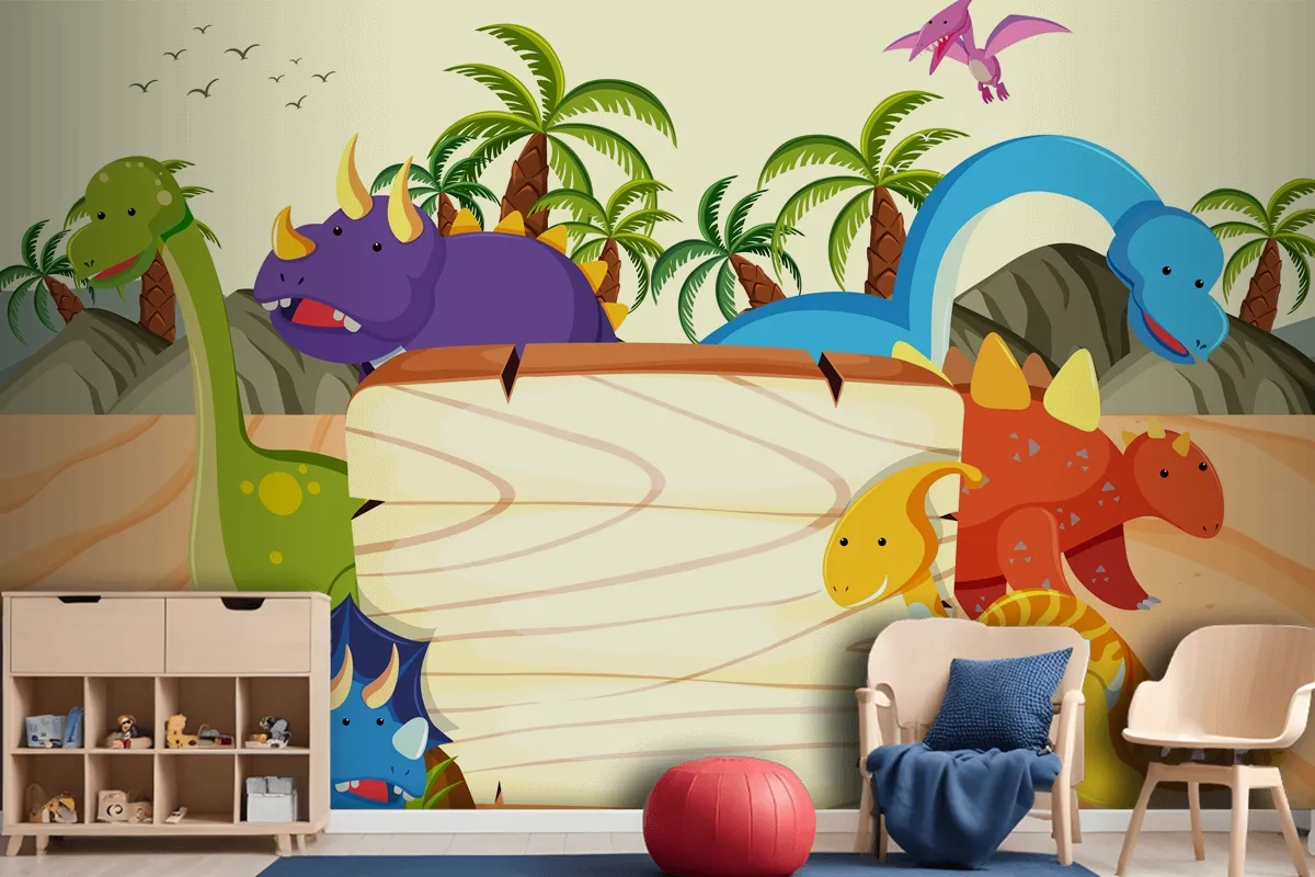 A Dinosaur Wooden Board Template Wallpaper Mural