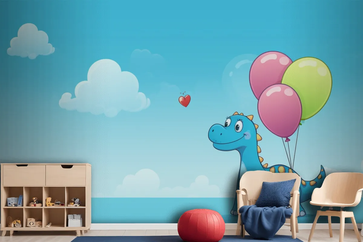 A Dragon With Balloons In The Sky And A Heart In The Wallpaper Mural