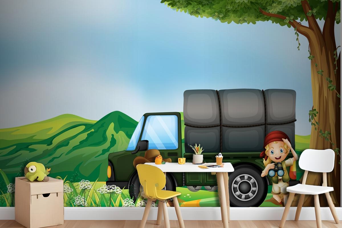 A Girl And A Boy Beside The Green Truck Wallpaper Mural