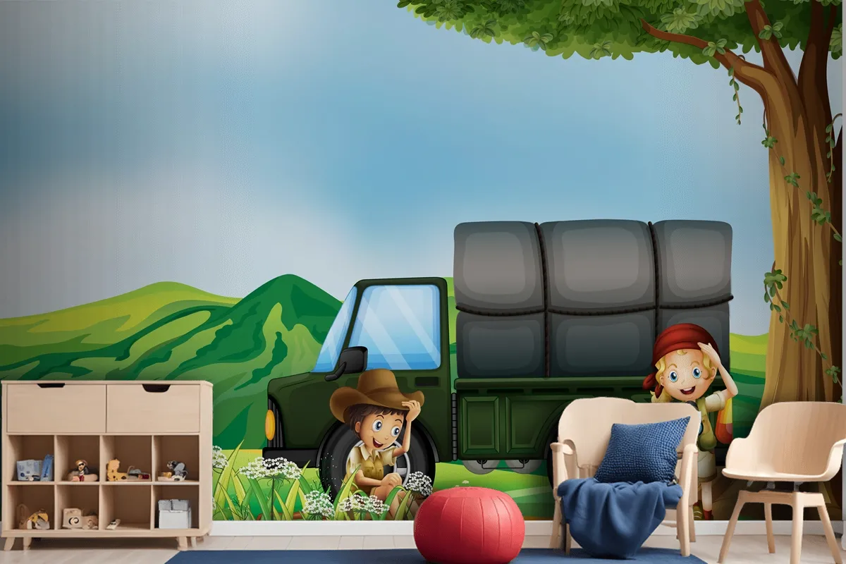 A Girl And A Boy Beside The Green Truck Wallpaper Mural