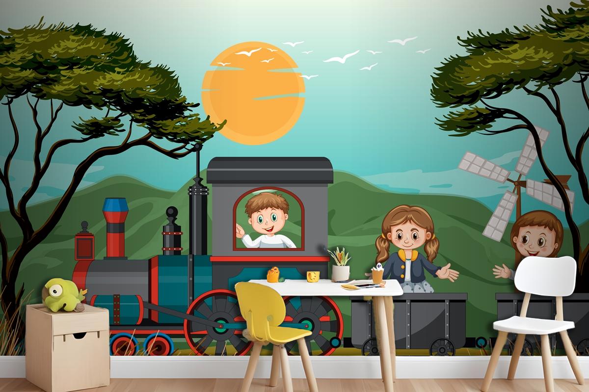 A Kids In A Train With Natural Scene Kids Wallpaper Mural