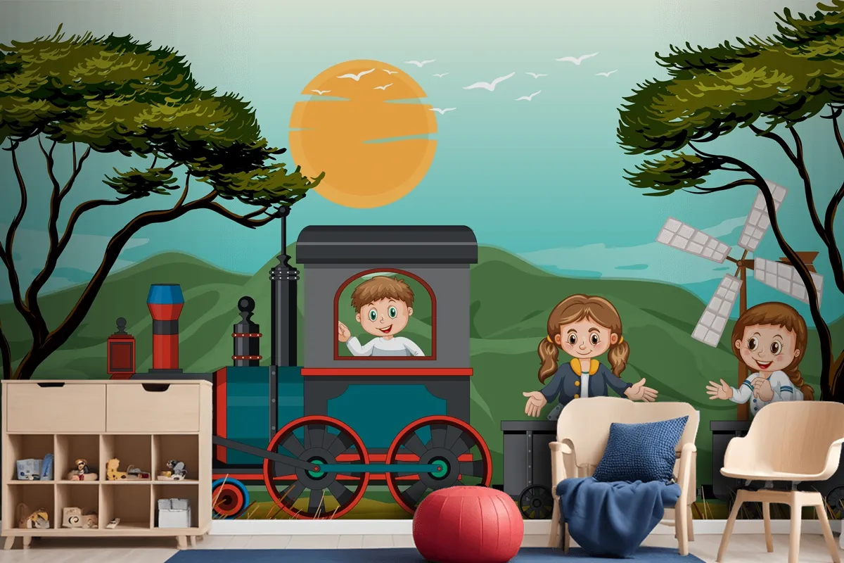 A Kids In A Train With Natural Scene Kids Wallpaper Mural