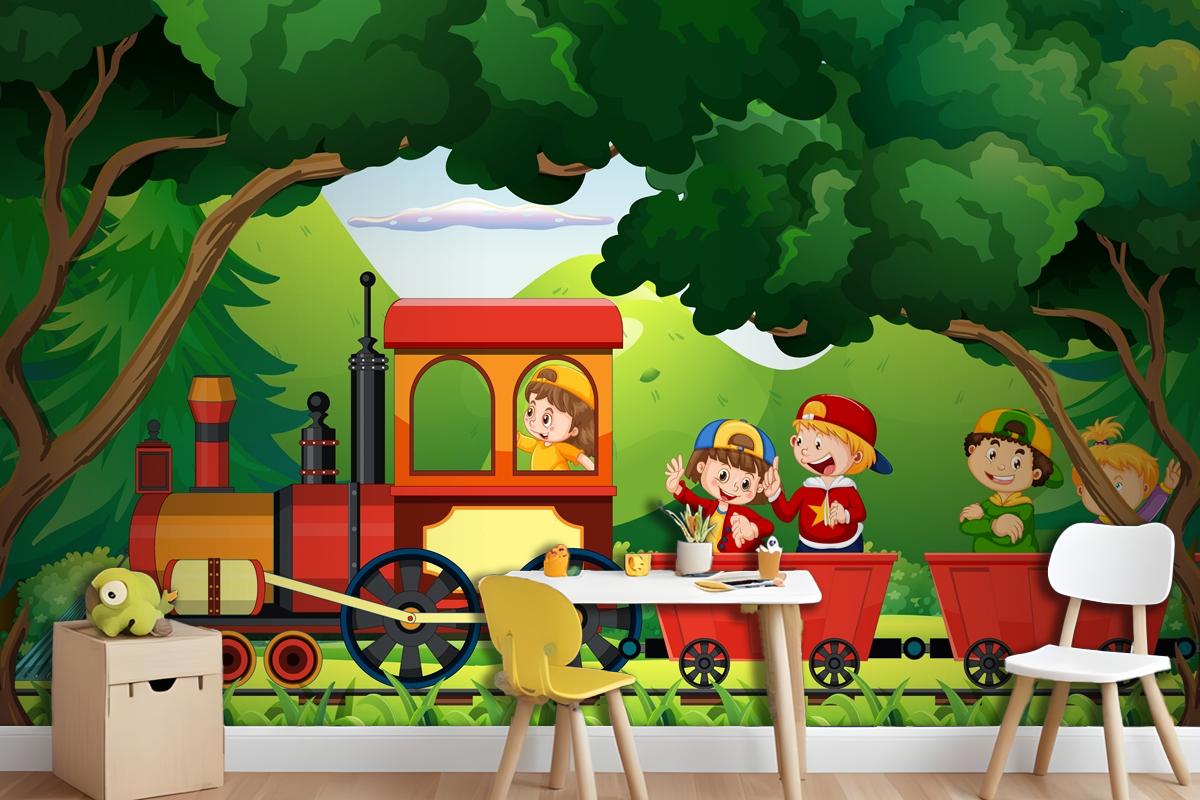 A Kids In A Train With Natural Scene Wallpaper Mural