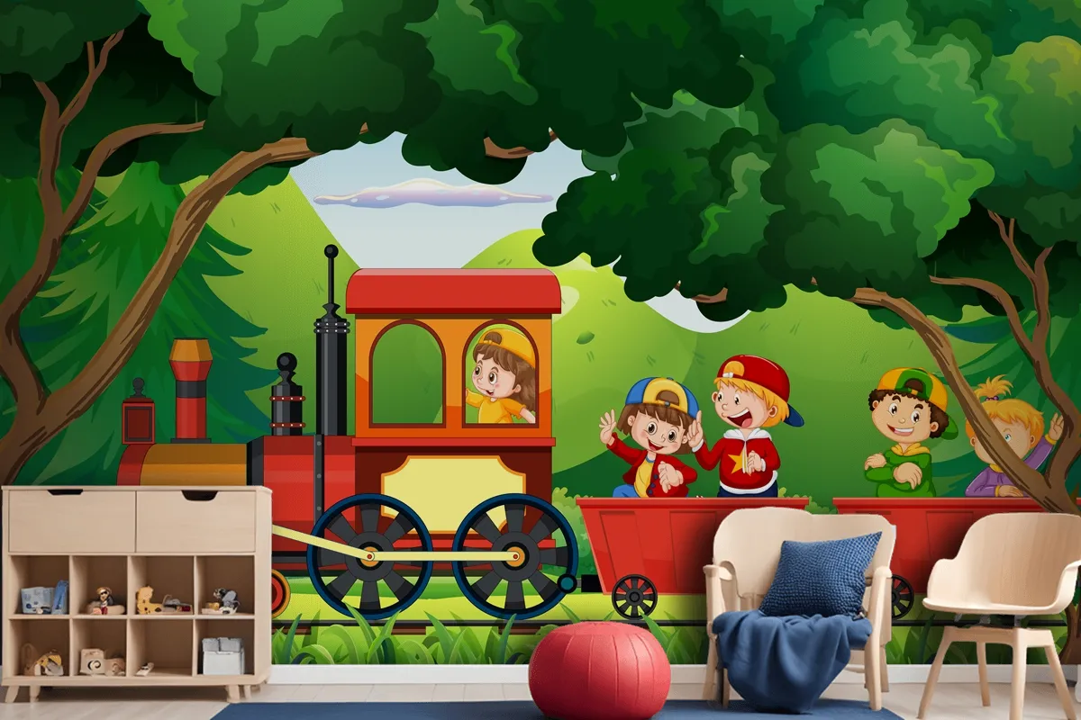 A Kids In A Train With Natural Scene Wallpaper Mural