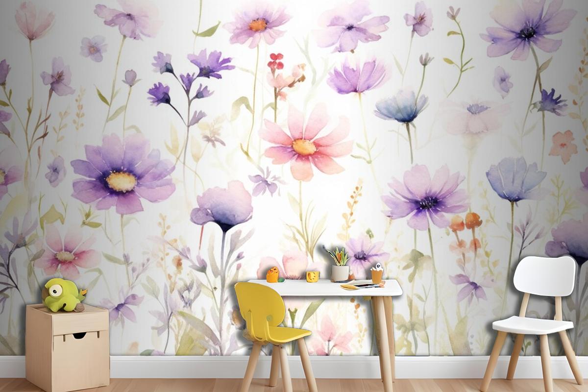 A Painting Of A Bunch Of Flowers On A White Background Wallpaper Mural